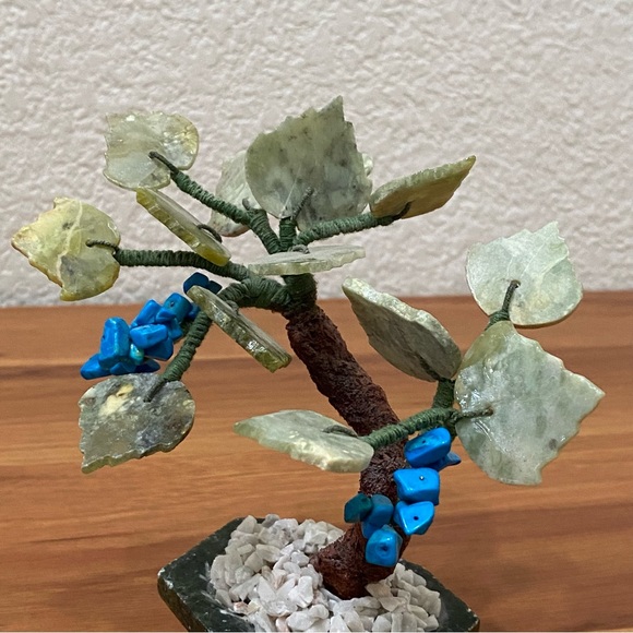 Vintage Carved Semi-Precious Stone Faux Turquoise Buds Bonsai Miniature Tree - Picture 6 of 12